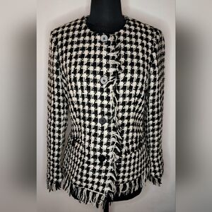 Tagliatore Women's Black & White Checkered Tweed Made In Italy Fringe Blazer